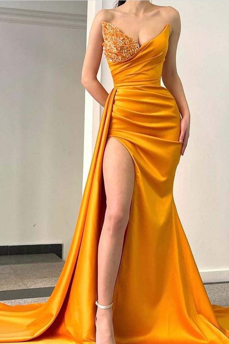 Orange Sweetheart Mermaid Evening Dress Pleated Long Split With Beads-showprettydress