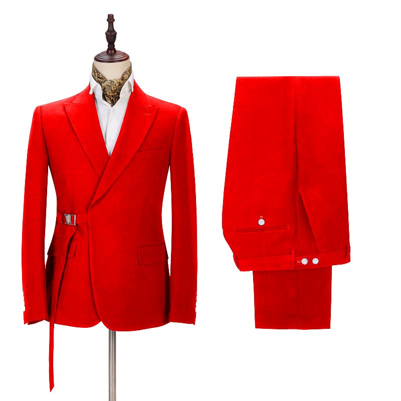 Passionate Bright Red Men's Formal Suit Online Peak Lapel Buckle Button Casual Suit for Men-showprettydress
