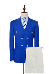 Peak Lapel Royal Blue Double Breasted Mens Suits Six Buttons Custom design Leisure Suits-showprettydress