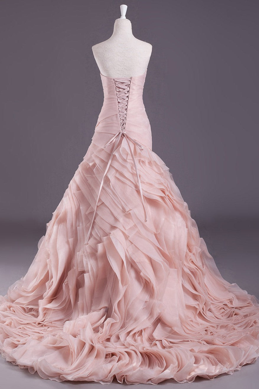 Pink A-Line Strapless Sweetheart Neck Tiered Sweep Wedding Gown-Showprettydress