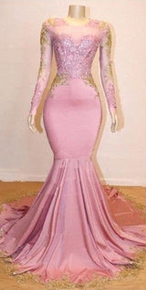 Pink Appliques Long Sleevess Prom Dresses New Arrival Gorgeous Mermaid Evening Gowns-showprettydress