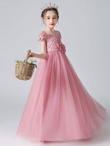 Pink Bateau Neck Sleeveless Bows Formal Kids Pageant flower girl dresses-showprettydress