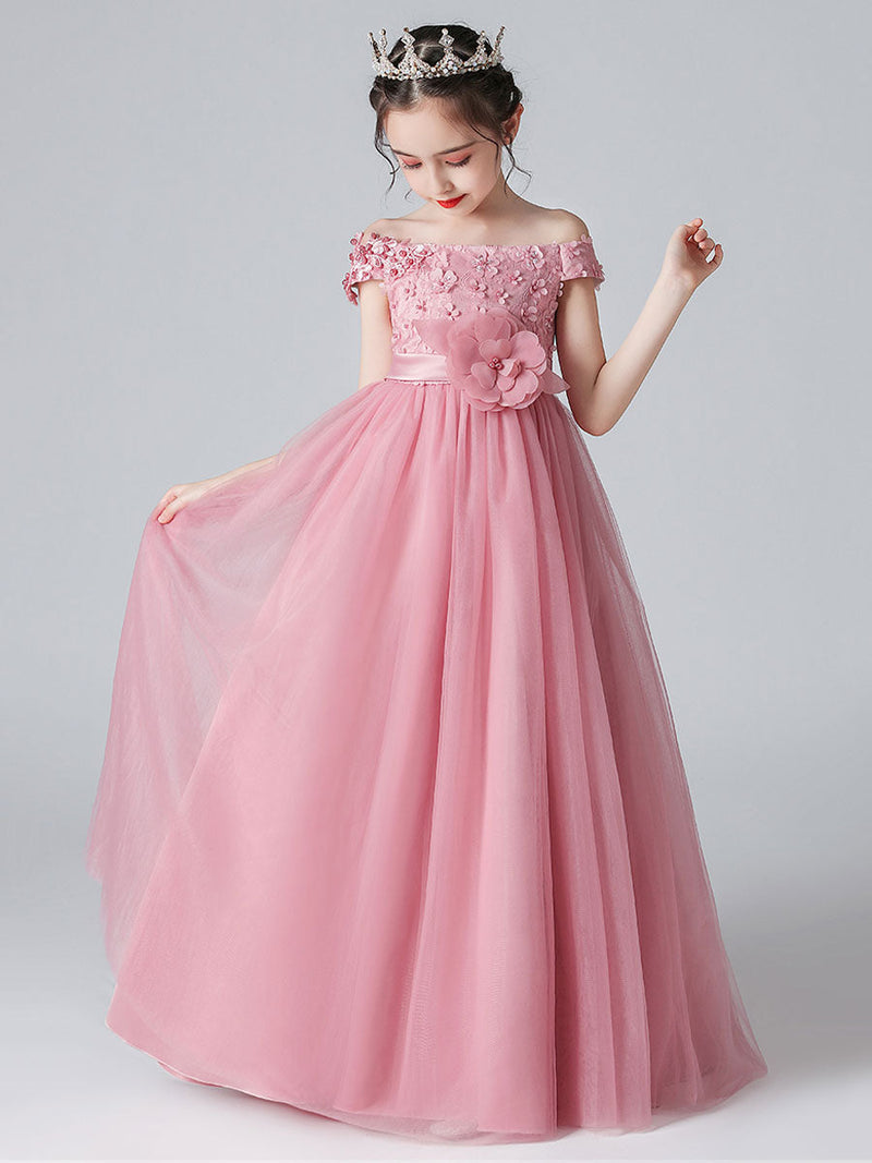 Pink Bateau Neck Sleeveless Bows Formal Kids Pageant flower girl dresses-showprettydress