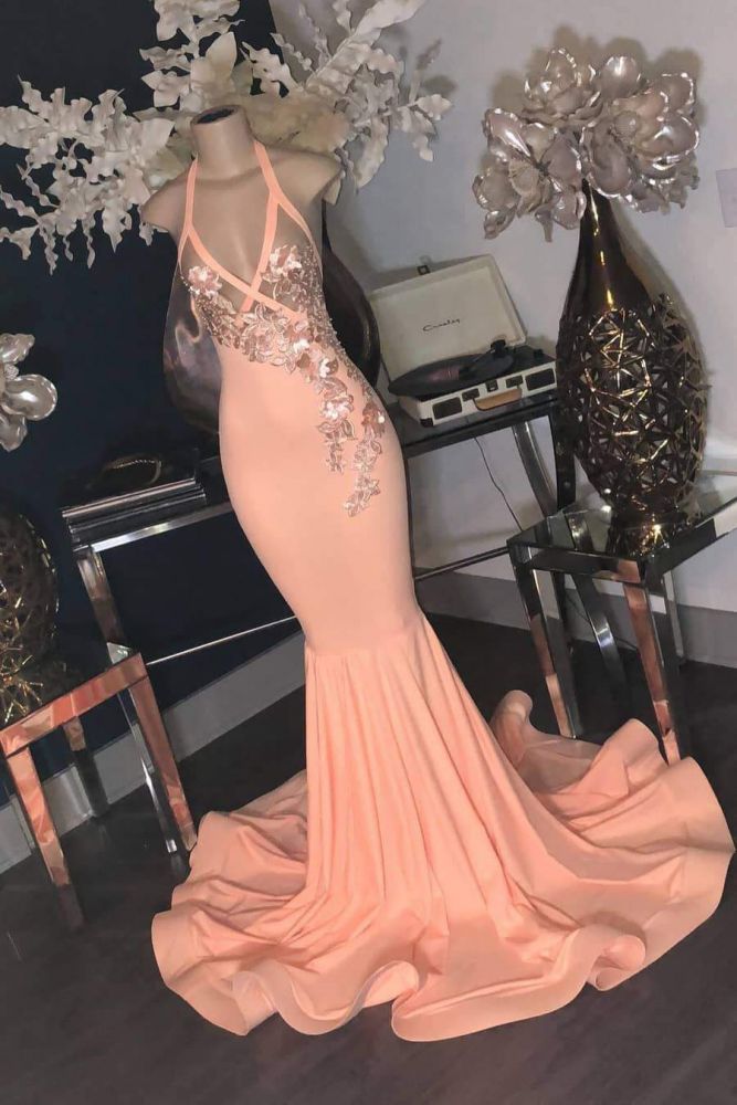 Pink Floral Appliques V-neck Halter Floor Length Mermaid Prom Gowns-showprettydress
