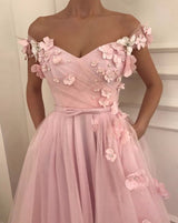 Pink Flowers A-Line Tulle Long Prom Party Gowns| Elegant Off-the-Shoulder Evening Gowns-showprettydress