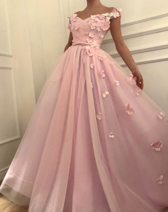 Pink Flowers A-Line Tulle Long Prom Party Gowns| Elegant Off-the-Shoulder Evening Gowns-showprettydress
