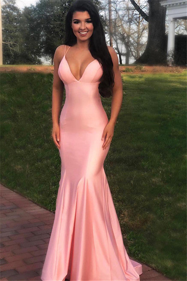 Pink Gorgeous Spaghetti Straps Criss Cross Mermaid Prom Dresses-showprettydress