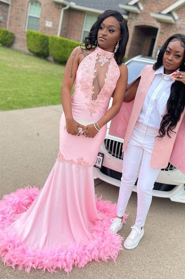 Pink Halter Gold Sequins Prom Dresses Mermaid Feather Evening Dress-showprettydress
