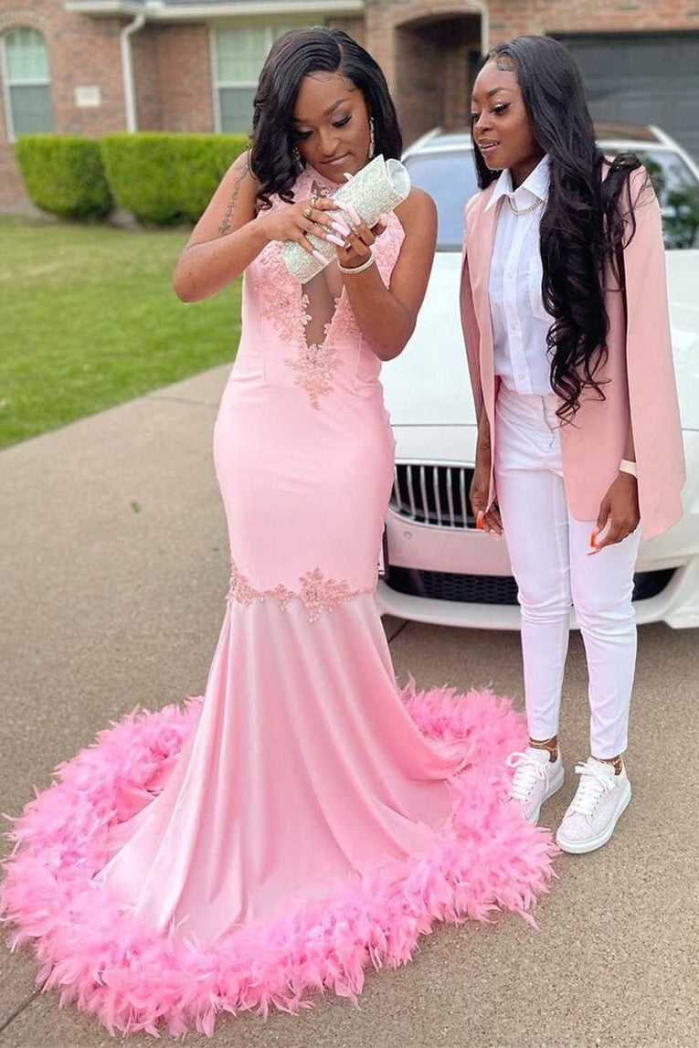 Pink Halter Gold Sequins Prom Dresses Mermaid Feather Evening Dress-showprettydress