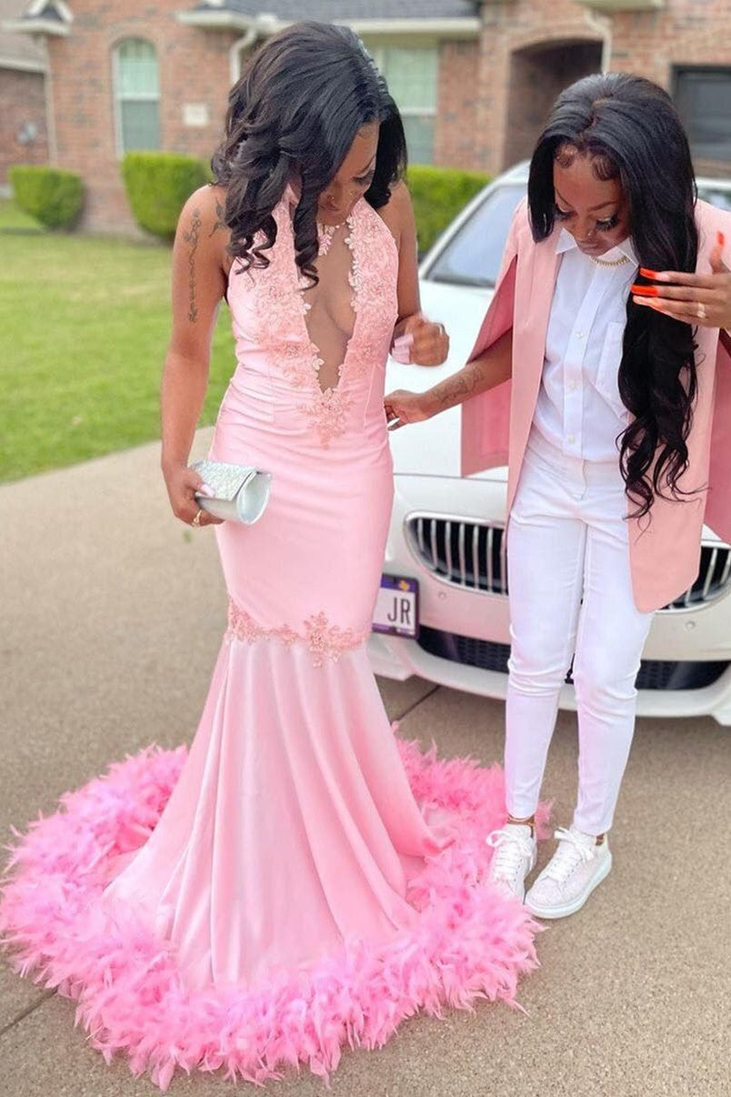 Pink Halter Gold Sequins Prom Dresses Mermaid Feather Evening Dress-showprettydress