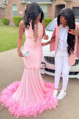 Pink Halter Gold Sequins Prom Dresses Mermaid Feather Evening Dress-showprettydress