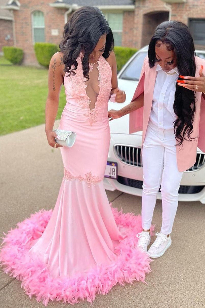 Pink Halter Gold Sequins Prom Dresses Mermaid Feather Evening Dress-showprettydress