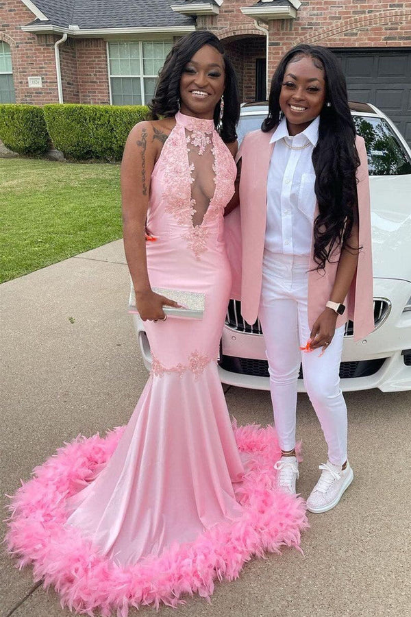 Pink Halter Gold Sequins Prom Dresses Mermaid Feather Evening Dress-showprettydress