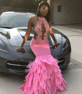 Pink Halter Mermaid Feather Prom Party GownsAppliques Evening Dressing-showprettydress
