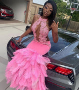 Pink Halter Mermaid Feather Prom Party GownsAppliques Evening Dressing-showprettydress