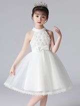 Pink Halter Neck Lace Sleeveless Short Princess Dress Bows Formal Kids Pageant flower girl dresses-showprettydress