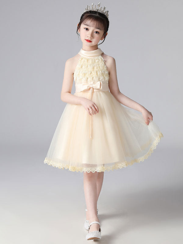 Pink Halter Neck Lace Sleeveless Short Princess Dress Bows Formal Kids Pageant flower girl dresses-showprettydress