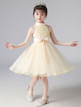 Pink Halter Neck Lace Sleeveless Short Princess Dress Bows Formal Kids Pageant flower girl dresses-showprettydress
