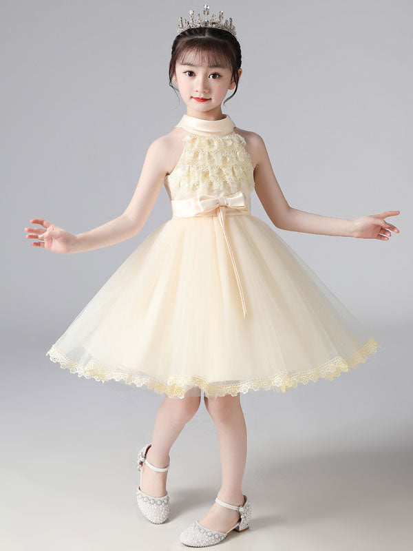 Pink Halter Neck Lace Sleeveless Short Princess Dress Bows Formal Kids Pageant flower girl dresses-showprettydress