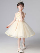 Pink Halter Neck Lace Sleeveless Short Princess Dress Bows Formal Kids Pageant flower girl dresses-showprettydress