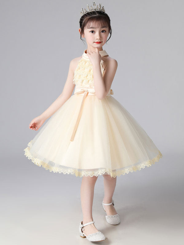 Pink Halter Neck Lace Sleeveless Short Princess Dress Bows Formal Kids Pageant flower girl dresses-showprettydress