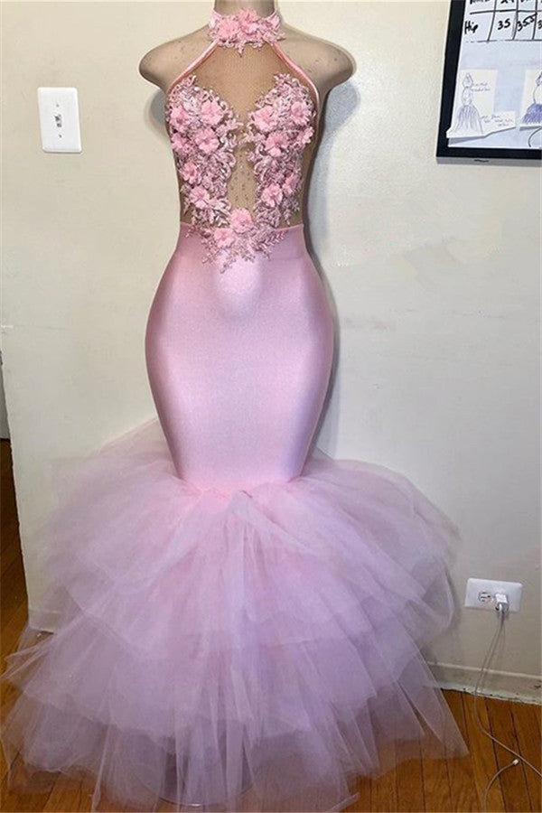 Pink Halter Sleeveless Flower Appliques Tulle Mermaid Prom Party Gowns-showprettydress