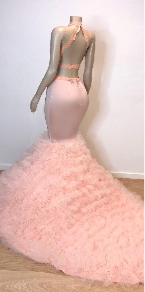 Pink Halter Sleeveless Mermaid Prom Dresses New Arrival Chic Open Back Lace Tulle Evening Gowns-showprettydress