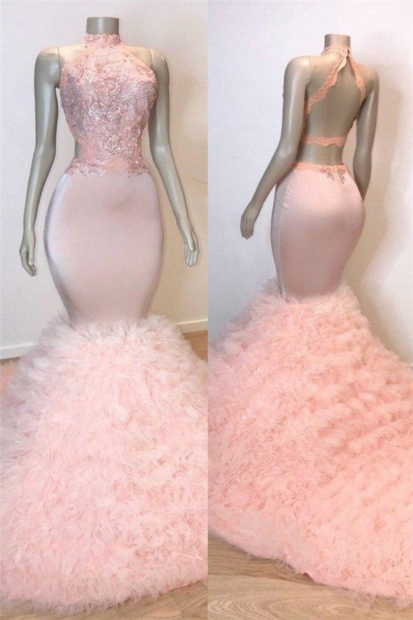 Pink Halter Sleeveless Mermaid Prom Dresses New Arrival Chic Open Back Lace Tulle Evening Gowns-showprettydress