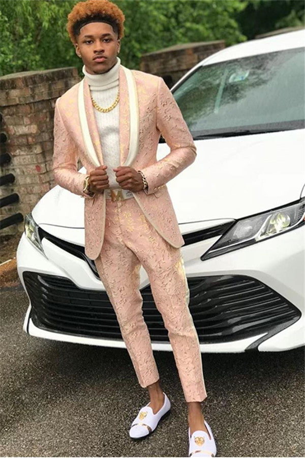 Pink Jacquard Men Suit for Prom Online Shawl Lapel Prom Outfit-showprettydress