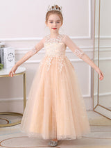 Pink Jewel Neck Half Sleeves Ankle-Length Lace Princess Bows Formal Kids Pageant flower girl dresses-showprettydress