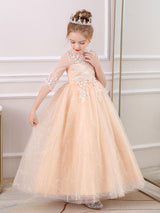 Pink Jewel Neck Half Sleeves Ankle-Length Lace Princess Bows Formal Kids Pageant flower girl dresses-showprettydress