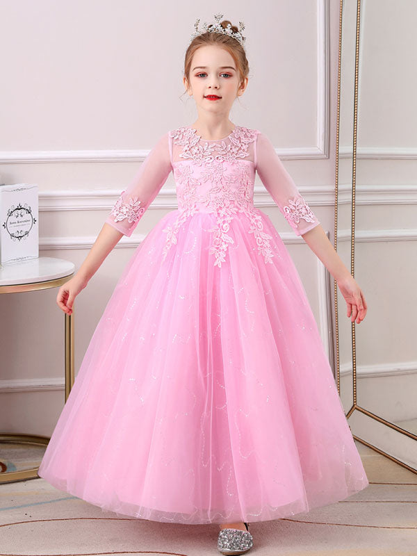 Pink Jewel Neck Half Sleeves Ankle-Length Lace Princess Bows Formal Kids Pageant flower girl dresses-showprettydress