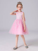 Pink Jewel Neck Lace Bows Formal Kids Pageant flower girl dresses-showprettydress