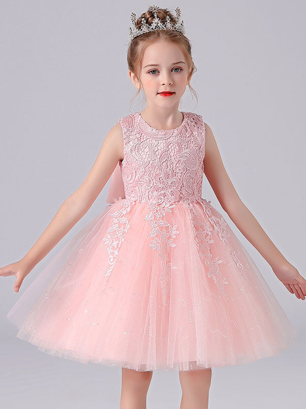 Pink Jewel Neck Lace Bows Formal Kids Pageant flower girl dresses-showprettydress