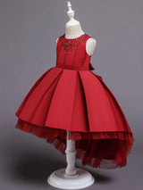 Pink Jewel Neck Sleeveless A-Line Bows Flowers Polyester Cotton Tulle Polyester Formal Kids Pageant flower girl dresses-showprettydress