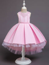 Pink Jewel Neck Sleeveless A-Line Bows Flowers Polyester Cotton Tulle Polyester Formal Kids Pageant flower girl dresses-showprettydress
