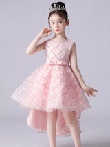 Pink Jewel Neck Sleeveless Bows Formal Kids Pageant flower girl dressesLace Princess Dress-showprettydress