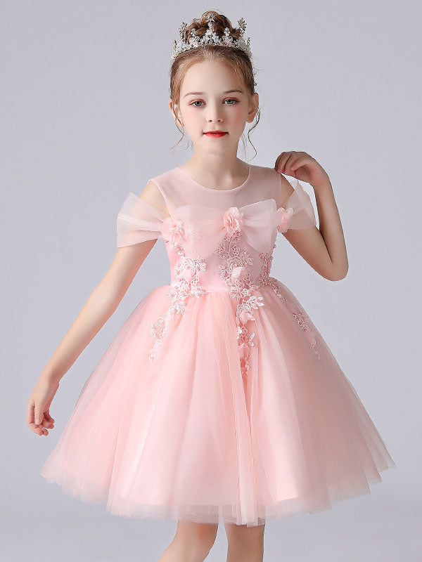 Pink Jewel Neck Sleeveless Short Princess Lace flower girl dresses-showprettydress