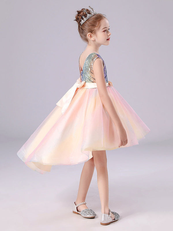Pink Jewel Neck Tulle Sleeveless Short Princess Dress Bows Formal Kids Pageant flower girl dresses-showprettydress