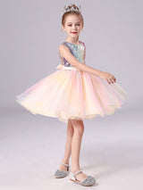Pink Jewel Neck Tulle Sleeveless Short Princess Dress Bows Formal Kids Pageant flower girl dresses-showprettydress