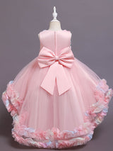 Pink Jewel Neck Tulle Sleeveless With Train A-Line Bows Formal Kids Pageant flower girl dresses-showprettydress