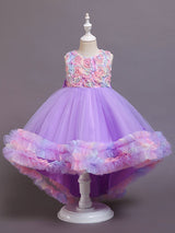 Pink Jewel Neck Tulle Sleeveless With Train A-Line Bows Formal Kids Pageant flower girl dresses-showprettydress