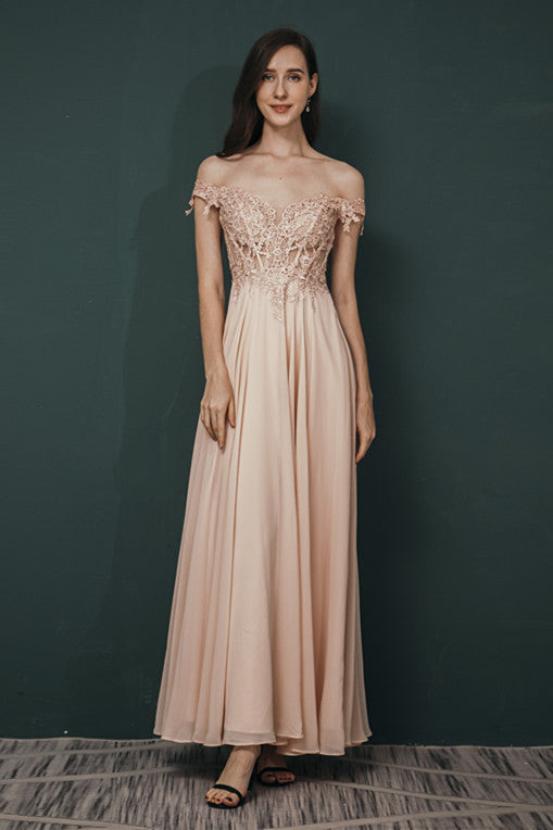Pink Lace-up Off-the-shoulder Chiffon Formal Dress-showprettydress