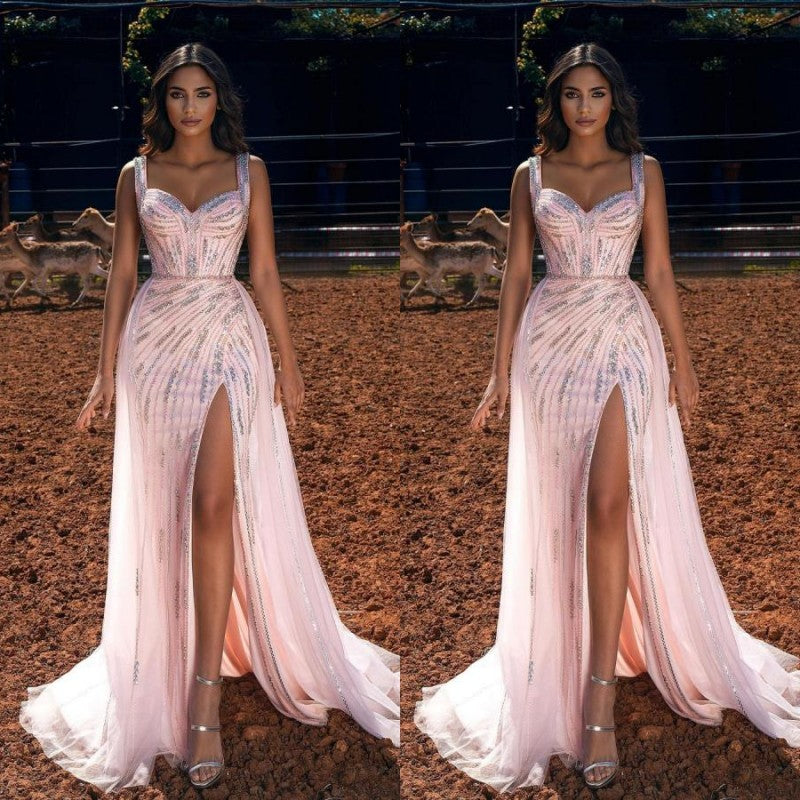 Pink Long Mermaid Straps Sweetheart Prom Dress With Slit-showprettydress