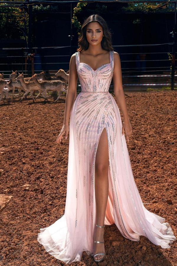 Pink Long Mermaid Straps Sweetheart Prom Dress With Slit-showprettydress