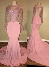 Pink Long-Sleeves Backless Beaded Mermaid Charming Prom Dresses-showprettydress
