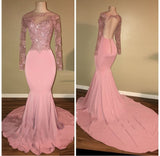 Pink Long-Sleeves Backless Beaded Mermaid Charming Prom Dresses-showprettydress