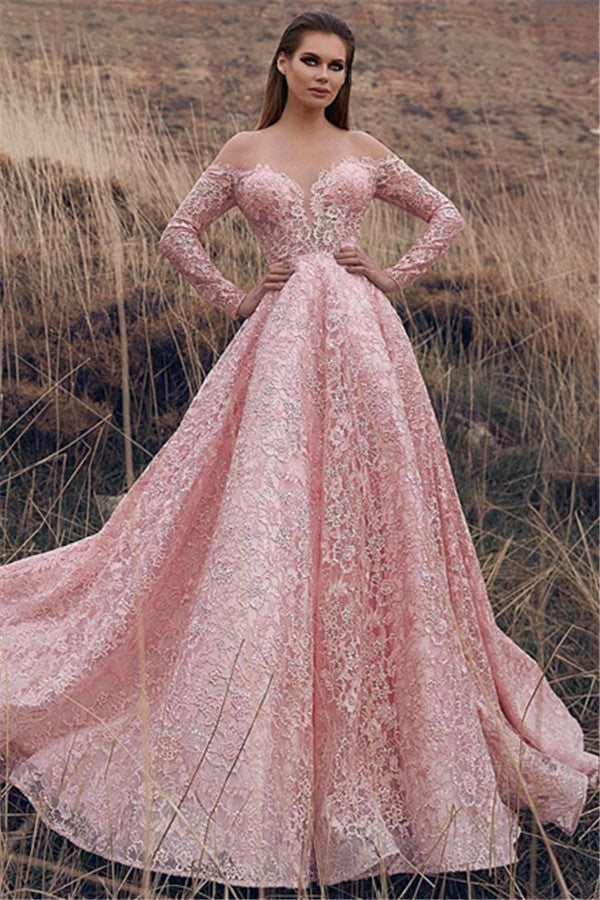 Pink Off-The-Shoulder Long-Sleeves Lace Applique Princess A-Line Prom