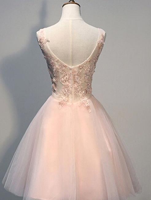 Pink Prom Dresses Evening Dresses Short With Lace Appliques A Line Tulle Evening Wear-showprettydress