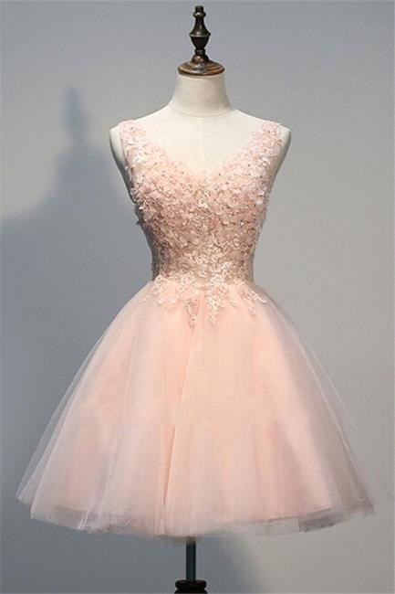 Pink Prom Dresses Evening Dresses Short With Lace Appliques A Line Tulle Evening Wear-showprettydress
